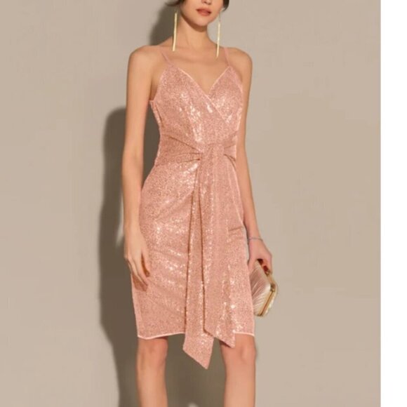 Sequined Spaghetti Straps V-Neck Bodycon Party Dress - Rose Gold - Picture 5 of 12